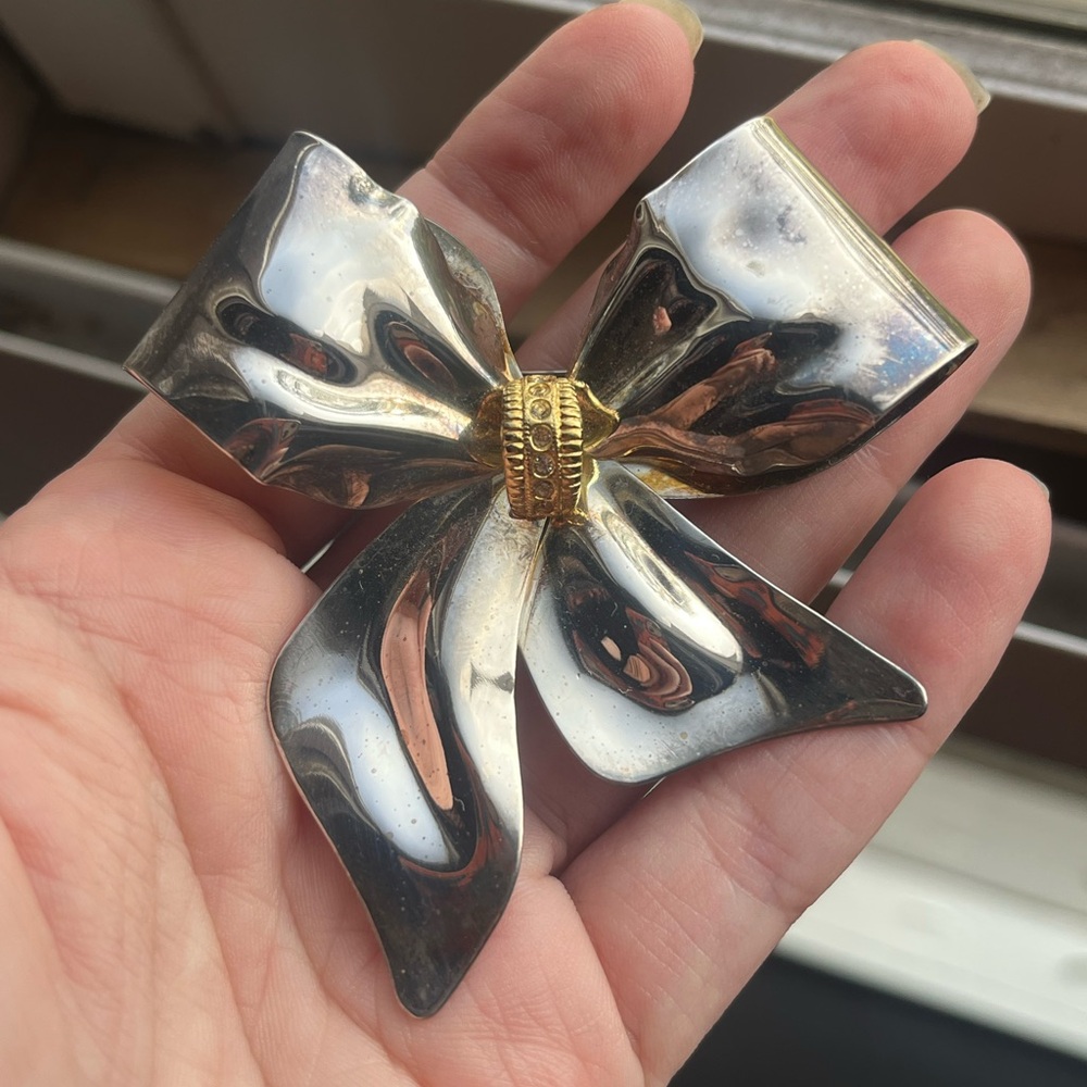 Vintage Large Silver Tone Bow Brooch with Small rhinestones